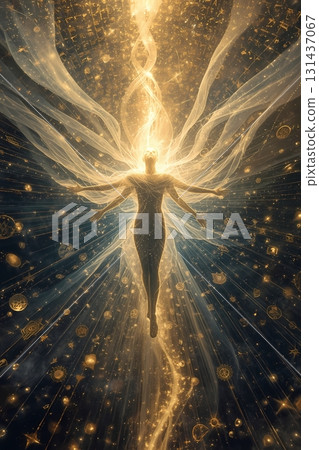 Angelic Healing Energy - Female spiritual healer's cupped hands with misty bright energy emerging from pastel colored energy background 131437067