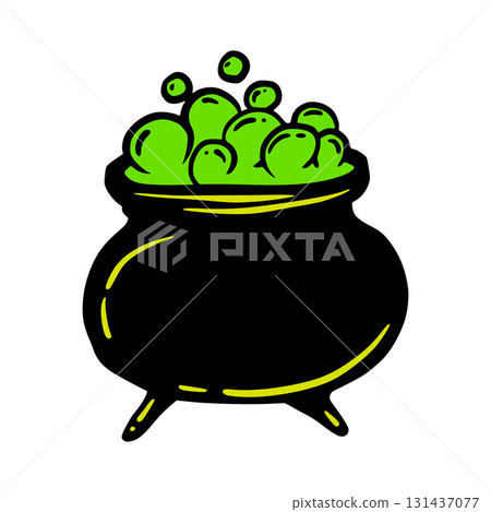 Halloween Cauldron with Bubbling Potion, Cute Cartoon Graphic in Neon Green Yellow Colors. Isolated Vector Illustration for Sticker or Poster Design Halloween Cauldron with Bubbling Potion, Cute Cartoon Graphic in Neon Green Yellow Colors. Isolated Vector Illustration for Sticker or Poster Design 131437077