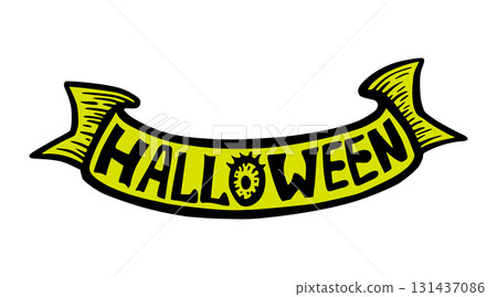 Halloween Doodle Ribbon with Lettering Word, Cute Cartoon Graphic in Neon Green Yellow Colors. Isolated Vector Illustration for Sticker or Poster Design 131437086