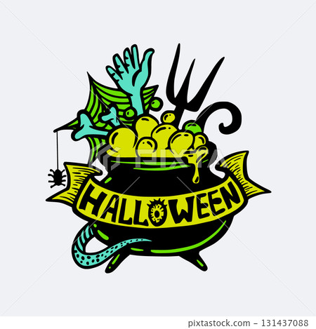 Halloween Cauldron with Zombie Hand Illustration, Cute Festive Cartoon Graphic in Neon Green and Yellow Colors. Isolated Vector Illustration for Sticker or Poster Design 131437088