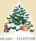 Christmas tree with gifts and toys underneath  131437108
