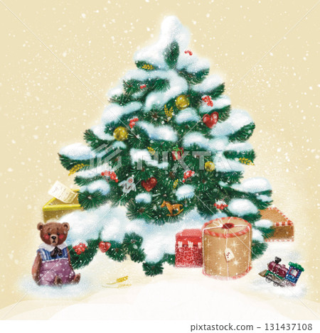 Christmas tree with gifts and toys underneath  131437108