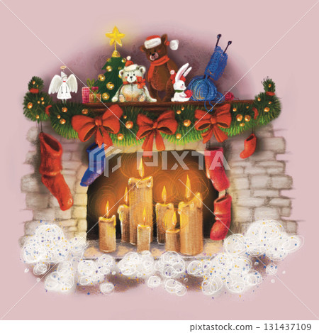 A fireplace decorated for Christmas  131437109
