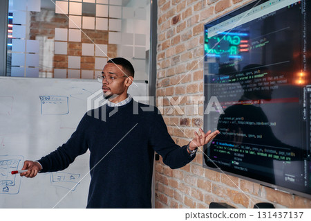African American businessman delivers a compelling presentation of his business strategy to his colleagues, fostering collaboration and forward thinking 131437137
