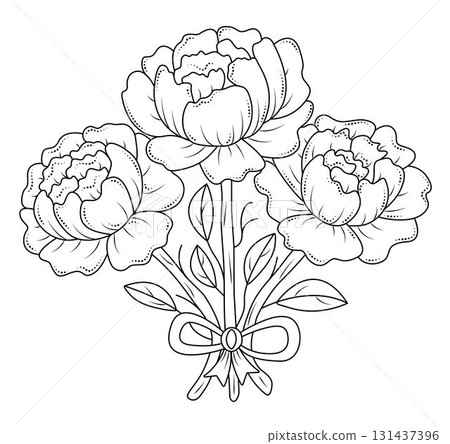 Three black line peonies, vector monochrome peony bouquet with a bow 131437396
