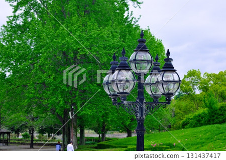 Retro street lamps through the trees Retro street lamps through the trees 131437417