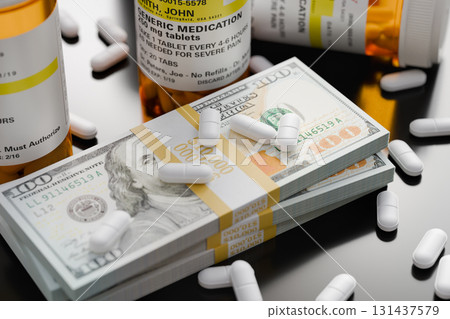 Prescription Medicine Bottles and Pills Next To Stacks of 100 Dollar Bills. Prescription Medicine Bottles and Pills Next To Stacks of 100 Dollar Bills. 131437579