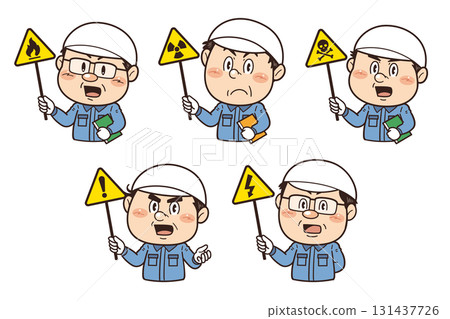 Illustration of workers in factories and on-site holding warning signs | Unsafe behavior, unsafe conditions, and industrial accidents 131437726