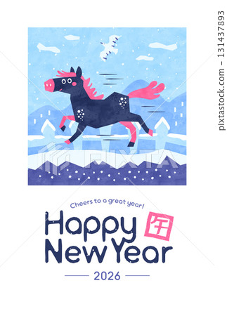 新年卡（馬年）2026 匹馬在雪地裡奔跑 波普水彩模板 131437893
