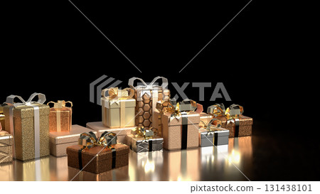 The Gold Gift box on Black Background for celebration or holiday concept 3d Rendering. 131438101