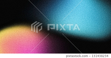 Blue pink yellow vibrant color gradient shapes on black backdrop, abstract poster background, grainy texture banner header poster design 131438234