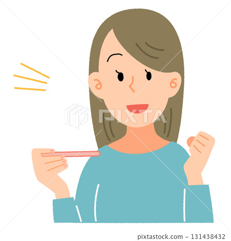 Illustration of a woman pumping her fist after looking at a pregnancy test 131438432