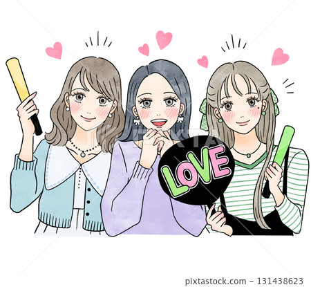 三位女性支持她們最喜歡的偶像的插圖 三位女性支持她們最喜歡的偶像的插圖 131438623