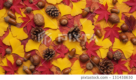 Background of autumn leaves and ginkgo leaves, acorns and pine cones 131438630