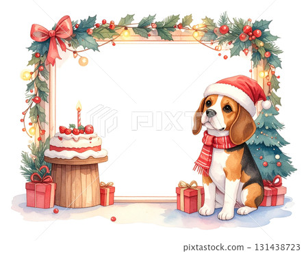比格犬小狗和聖誕蛋糕聖誕老人框架插圖2/傳單和海報材料 131438723