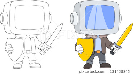 Cartoon Robot Warrior with Shield and Sword for Computer Protection 131438845