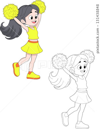Cheerful Cheerleader Girl Jumping with Pom Poms Illustration Cheerful Cheerleader Girl Jumping with Pom Poms Illustration 131438848