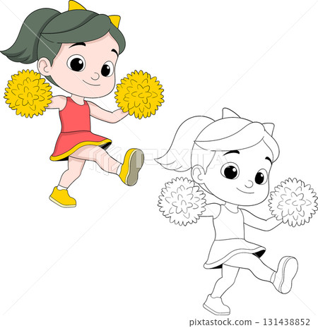Smiling Cheerleader Girl Dancing with Pom Poms Illustration Smiling Cheerleader Girl Dancing with Pom Poms Illustration 131438852