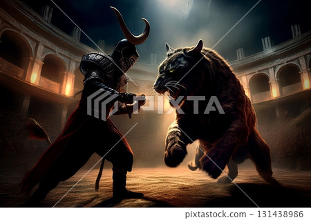 Gladiators fighting wild beasts in the Colosseum Gladiators fighting wild beasts in the Colosseum 131438986