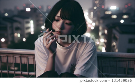 A woman smoking a cigarette A woman smoking a cigarette 131439086
