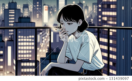 A woman smoking a cigarette A woman smoking a cigarette 131439097