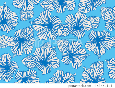Classic hibiscus seamless pattern, botanical pattern, blue, line art, background 131439121