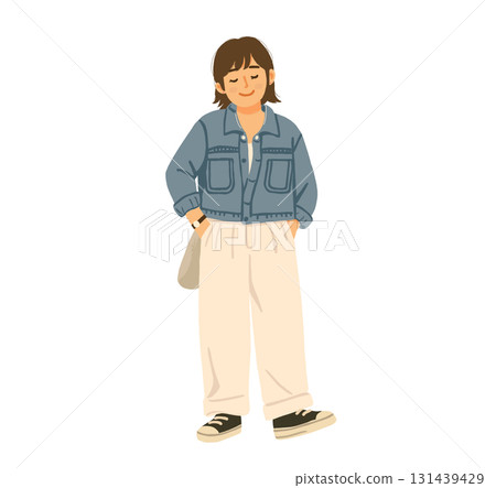 Illustration of young woman wearing denim jacket 131439429