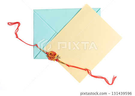 Traditional Rakhi design with comfortable invitation envelopes on a white background 131439596