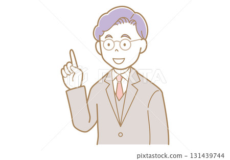 Illustration of a young man in a suit with glasses pointing and smiling 131439744