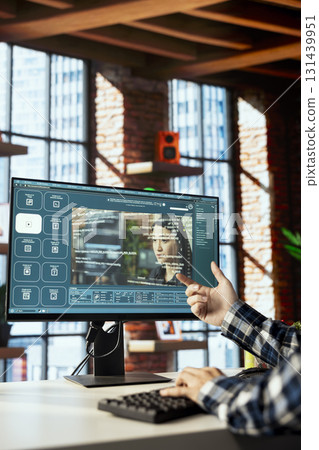 Graphic editor designing UI for artificial intelligence software turning text prompt into photos. Man in home office using text to image AI generative models employing deep learning tech Graphic editor designing UI for artificial intelligence software turning text prompt into photos. Man in home office using text to image AI generative models employing deep learning tech 131439951