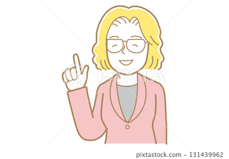 Illustration of a woman with yellow hair and glasses in a suit pointing Illustration of a woman with yellow hair and glasses in a suit pointing 131439962