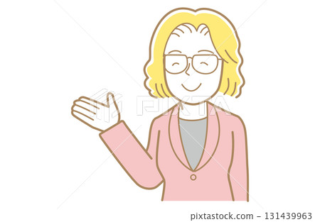 Illustration of a woman with yellow hair and glasses in a suit holding out her hand Illustration of a woman with yellow hair and glasses in a suit holding out her hand 131439963