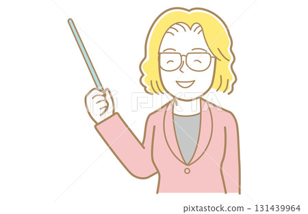 Illustration of a woman with yellow hair and glasses in a suit giving instructions using a stick Illustration of a woman with yellow hair and glasses in a suit giving instructions using a stick 131439964