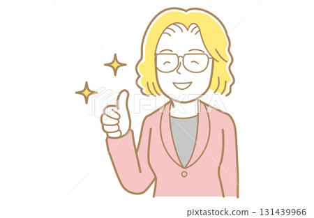 Illustration of a woman with yellow hair and glasses in a suit giving a thumbs up Illustration of a woman with yellow hair and glasses in a suit giving a thumbs up 131439966