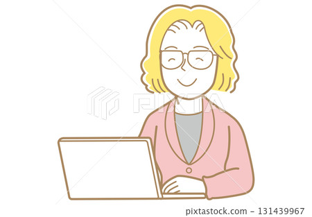 Illustration of a woman with yellow hair and glasses in a suit looking at a computer screen Illustration of a woman with yellow hair and glasses in a suit looking at a computer screen 131439967
