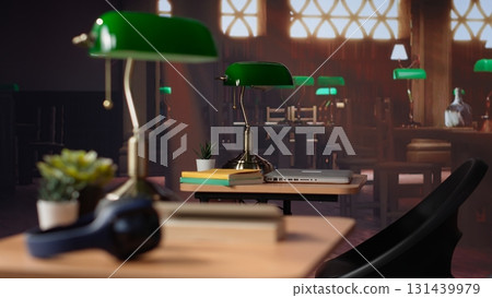 University library filled with academic books and research papers, designated space for students to work on school assignments or make exam preparations. Self learning. Camera A. 131439979