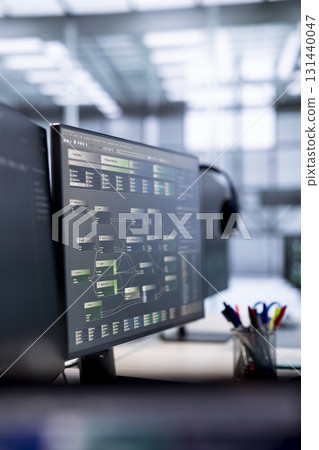Close up of code running on computer screens on desk in server hub used for data processing requirements of artificial intelligence workloads and neural network machine learning tech 131440047