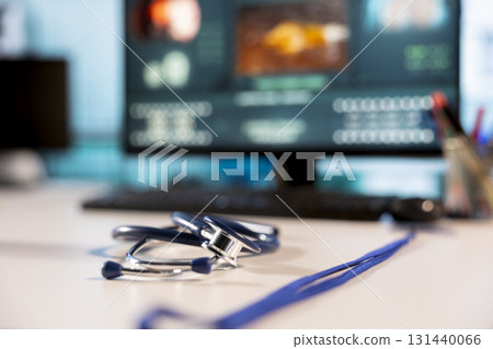 Well organized empty medical office ready for healthcare services, featuring medical test results and radiography scans. Tools and equipment for accurate diagnostics and patient care. Close up. 131440066