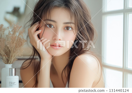 Beauty skin care image of a woman with a clear complexion by the window 131440124
