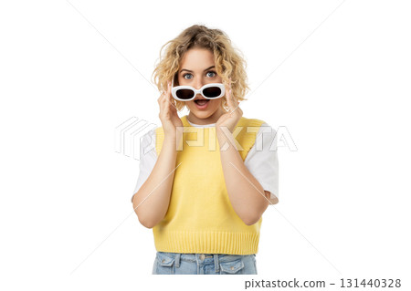 Young woman in sunglasses looks surprised, isolated on white, PNG Young woman in sunglasses looks surprised, isolated on white, PNG 131440328