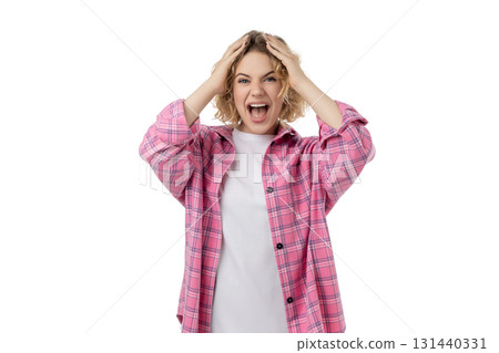 Joyful woman with hands on her head, isolated on white, PNG Joyful woman with hands on her head, isolated on white, PNG 131440331
