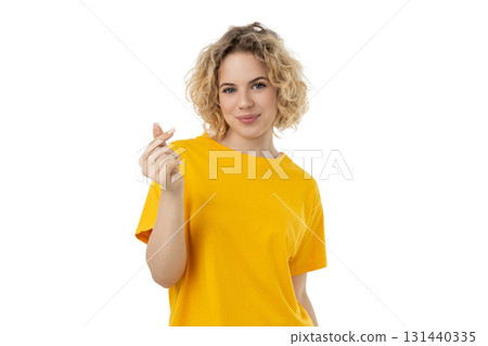 Friendly young woman with curly hair, isolated on white, PNG 131440335