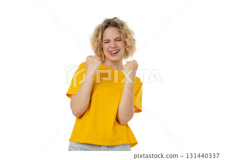 Joyful woman shows excitement, isolated on white, PNG 131440337