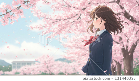 Spring, summer, autumn, and winter illustration of a female student standing in profile amongst cherry blossoms Spring, summer, autumn, and winter illustration of a female student standing in profile amongst cherry blossoms 131440353