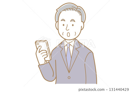 Illustration of an elderly man in a suit using a smartphone Illustration of an elderly man in a suit using a smartphone 131440429