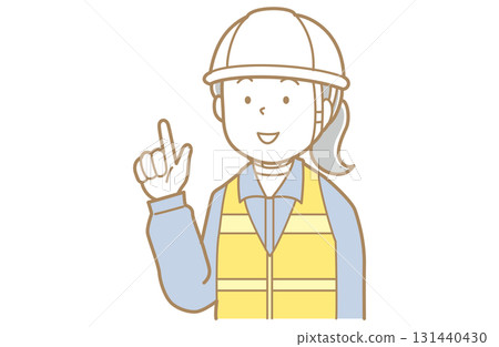 Illustration of a woman in work clothes, helmet and safety vest pointing Illustration of a woman in work clothes, helmet and safety vest pointing 131440430