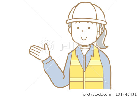 一名身穿工作服、身穿安全背心、頭戴頭盔的婦女伸出手的插圖 一名身穿工作服、身穿安全背心、頭戴頭盔的婦女伸出手的插圖 131440431