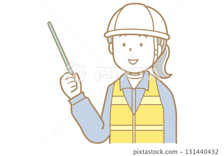 Illustration of a woman in work clothes and a helmet and safety vest pointing with a pointer Illustration of a woman in work clothes and a helmet and safety vest pointing with a pointer 131440432