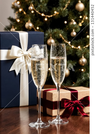 new year's celebration with glasses of champagne and gift box on a wooden table 131440452