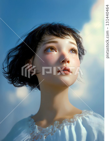 一個美麗的女孩仰望天空哭泣（黑色背景） 131440464